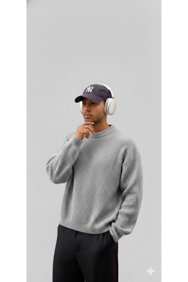 ERKEK-SELANİK ÖRGÜ-OVERSIZE-BİSİKLET YAKA-UZUN KOL-KAZAK