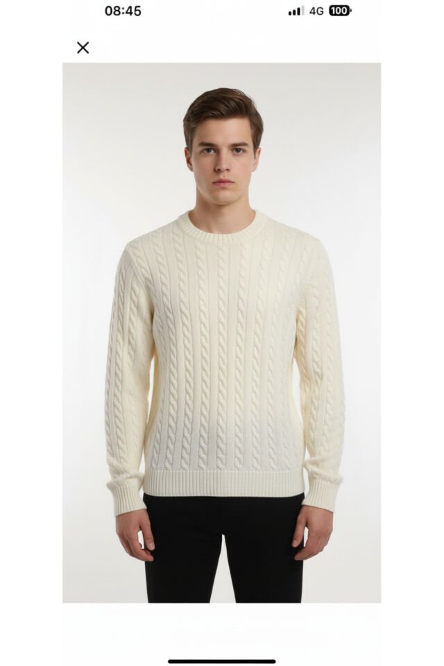 erkek-bisiklet yaka-saç örgülü-salaş kazak Ekru - 2XL
