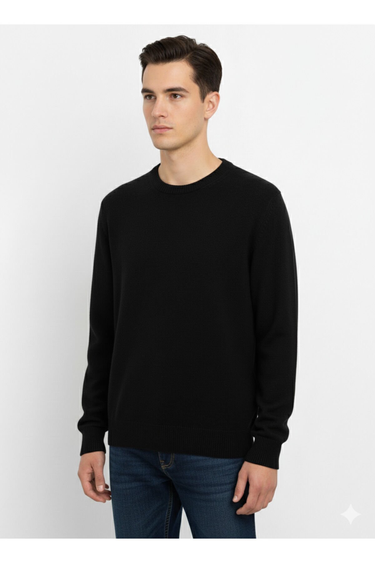 erkek-tek plaka-düz örgü-bisiklet yaka-kazak Siyah - 2XL