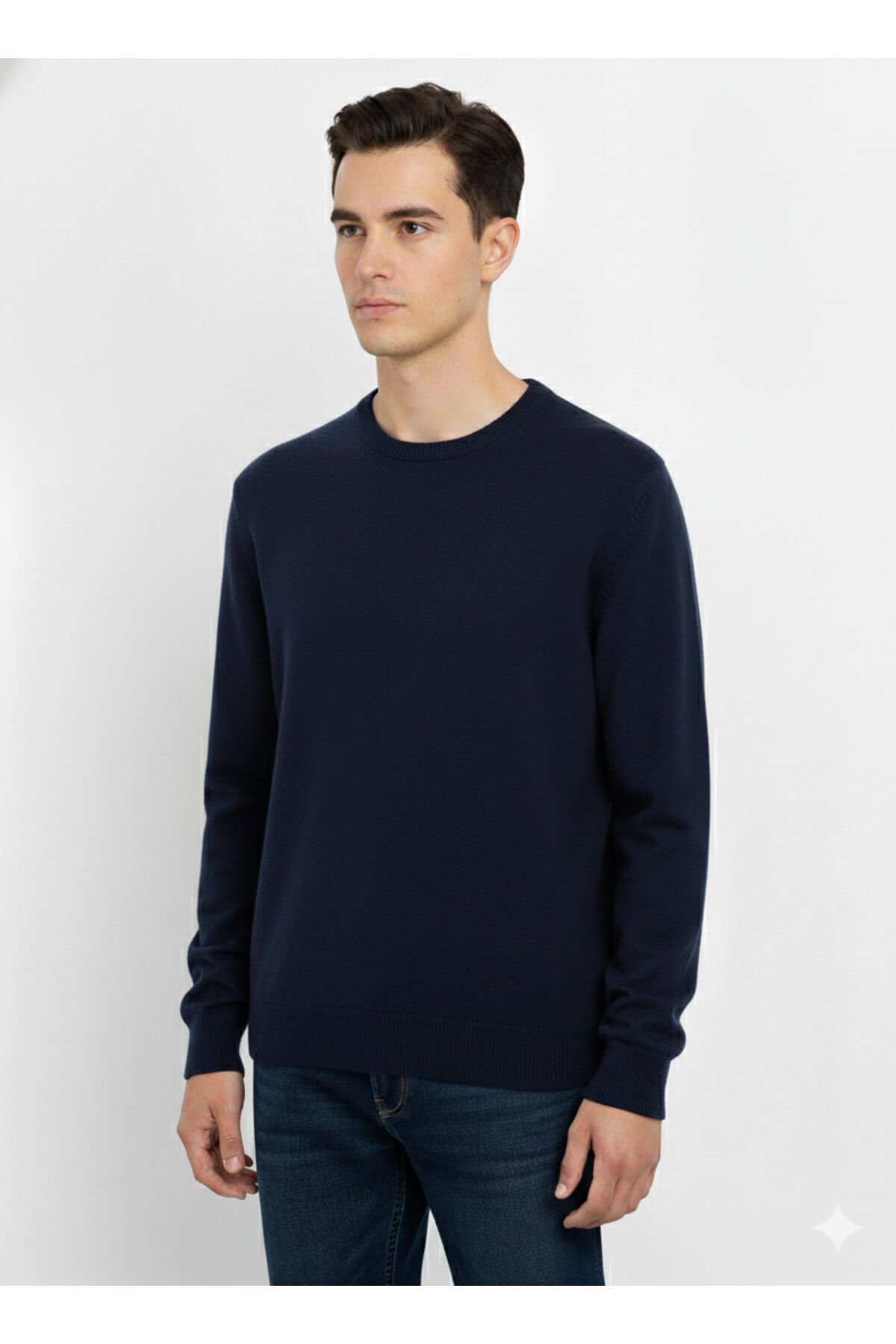 erkek-tek plaka-düz örgü-bisiklet yaka-kazak Lacivert - 2XL