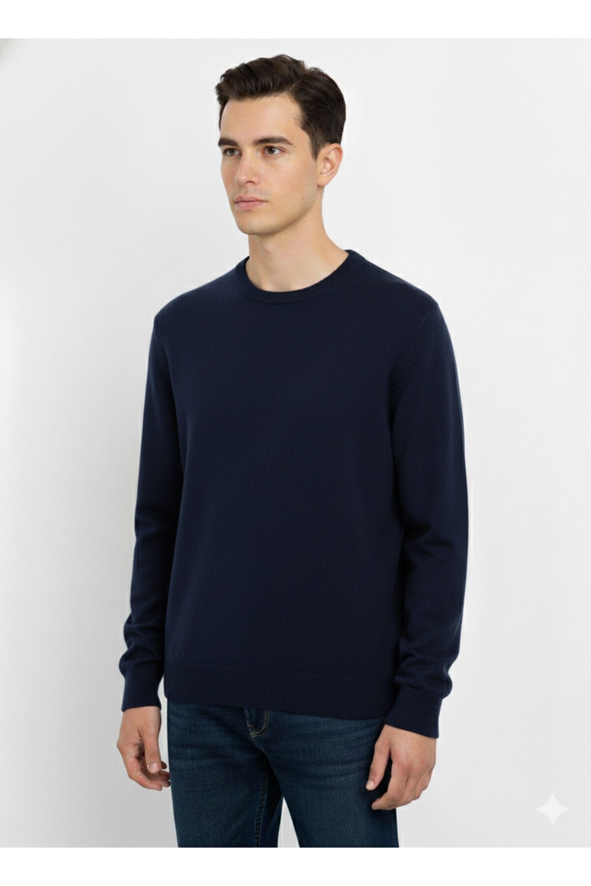 erkek-tek plaka-düz örgü-bisiklet yaka-kazak Lacivert - XL