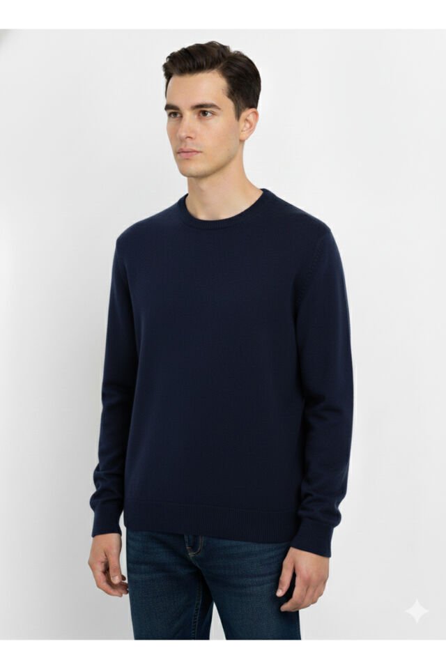 erkek-tek plaka-düz örgü-bisiklet yaka-kazak Lacivert - XL