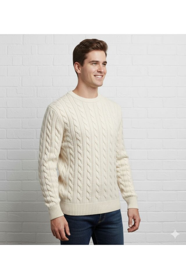 ERKEK-SAÇ ÖRGÜLÜ-BİSİKLET YAKA Ekru - 2XL