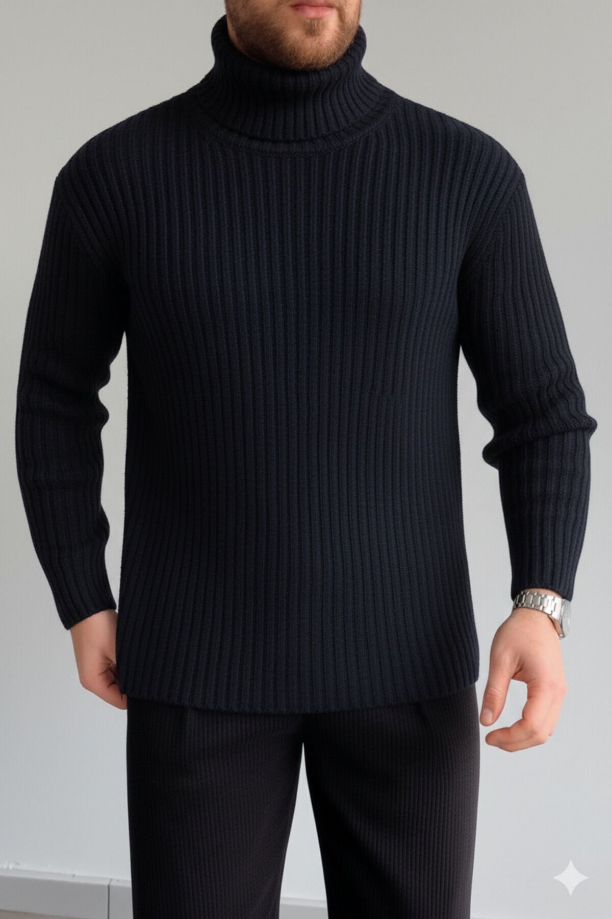 ERKEK-OVERSIZE-BOGAZLI-BALIKÇI-YAKA-FİTİLLİ-TRİKO-kazak Lacivert - L