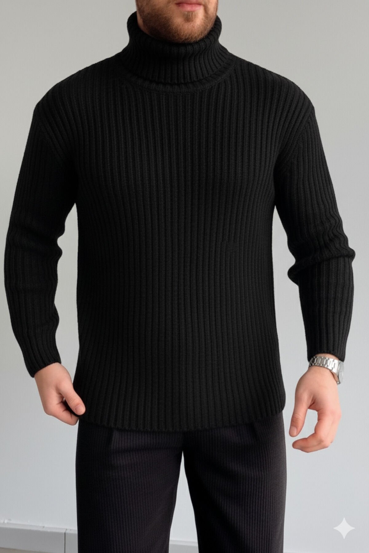 ERKEK-OVERSIZE-BOGAZLI-BALIKÇI-YAKA-FİTİLLİ-TRİKO-kazak Siyah - M