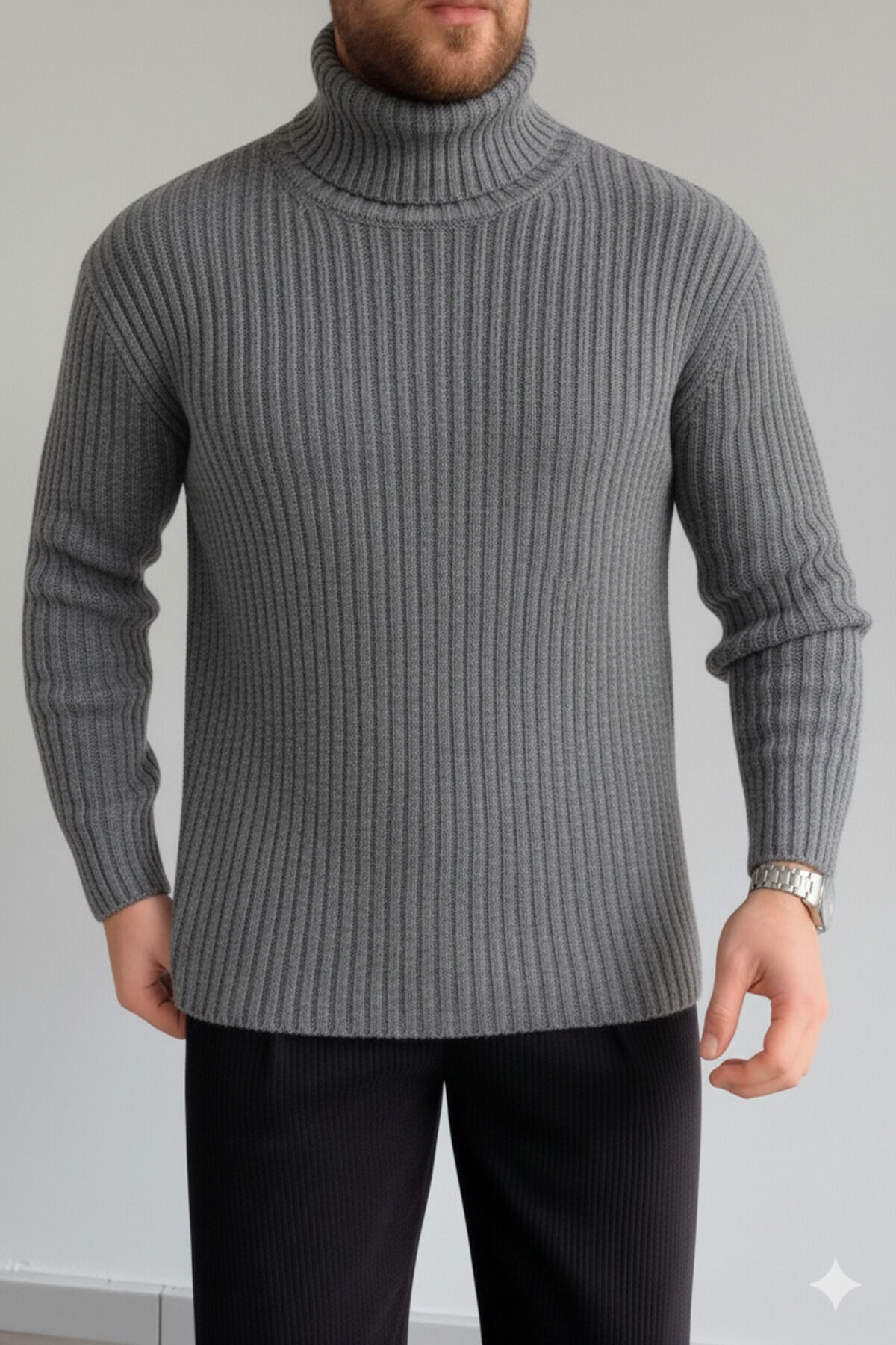 ERKEK-OVERSIZE-BOGAZLI-BALIKÇI-YAKA-FİTİLLİ-TRİKO-kazak Gri - S