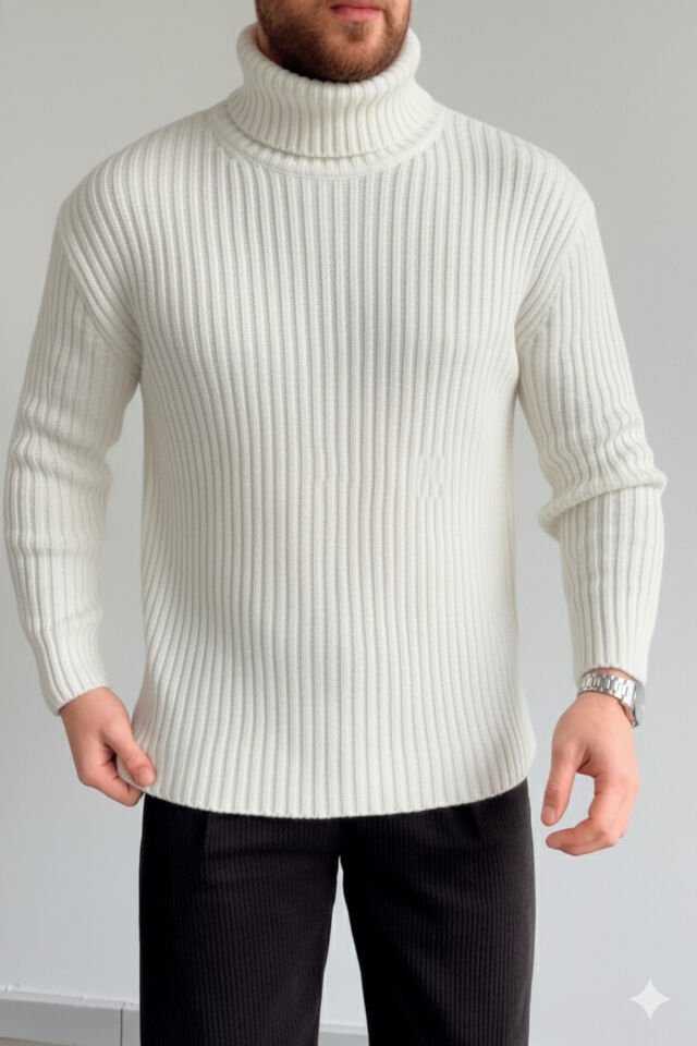 ERKEK-OVERSIZE-BOGAZLI-BALIKÇI-YAKA-FİTİLLİ-TRİKO-kazak Ekru - S