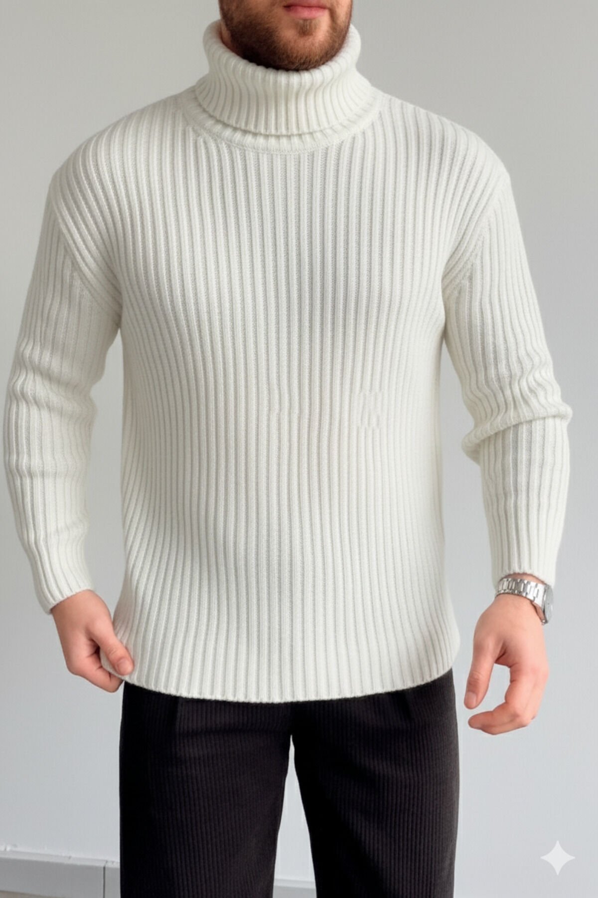 ERKEK-OVERSIZE-BOGAZLI-BALIKÇI-YAKA-FİTİLLİ-TRİKO-kazak Ekru - XL