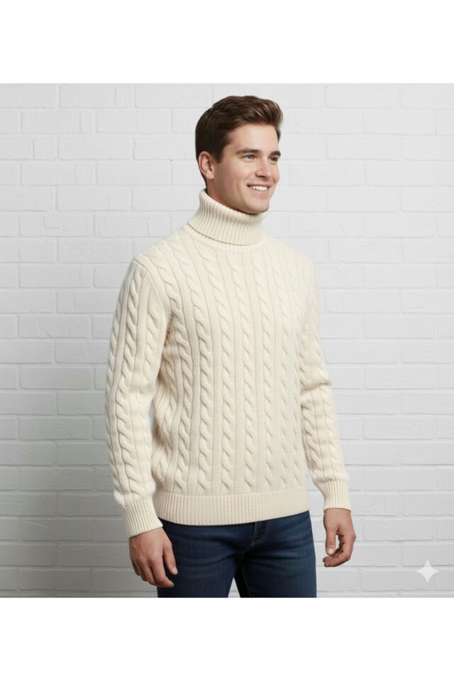 erkek-bogazlı-saç örgülü-balıkçı yaka-kazak Ekru - 2XL