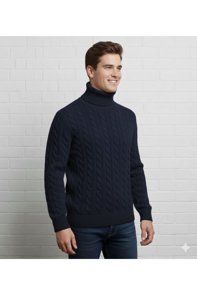 erkek-bogazlı-saç örgülü-balıkçı yaka-kazak Lacivert - 3XL